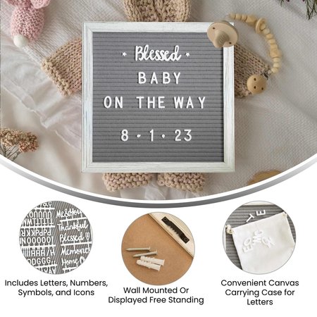 Flash Furniture 10x10 White Wash Wood Frame Letter Board-Gray Felt HGWA-FB10-WHWSH-GG